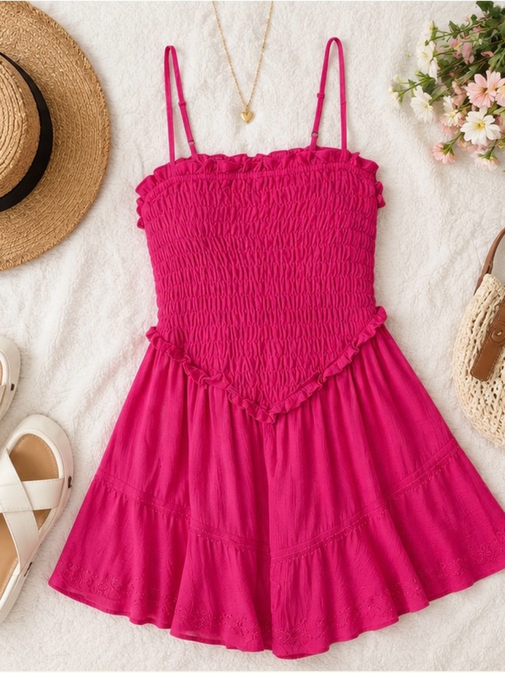 No Boundaries Hot Pink Smocked Tiered Mini Dress - Picture 2 of 6